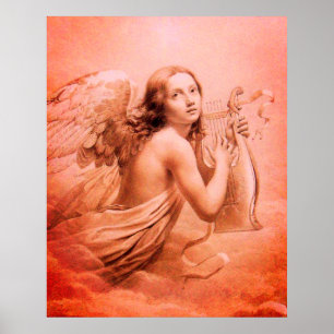 Poster ANGE JOUER LYRA SUR LES NUAGES Brown rouge