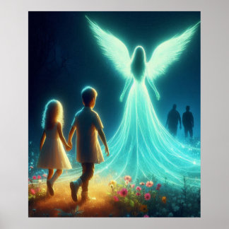 Poster Ange protégeant deux petits enfants la nuit