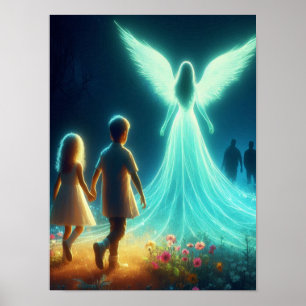 Poster Ange protégeant deux petits enfants la nuit