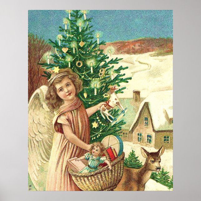 Poster Angel bringing Christmas poiss and presents (Devant)