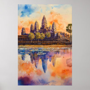 Poster Angkor Wat Aquarelle Voyage National Vintage