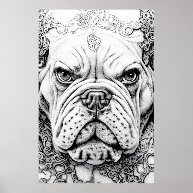 Poster Anglais Bulldog Pet Wild Nature Ligne d'illustrati (Devant)