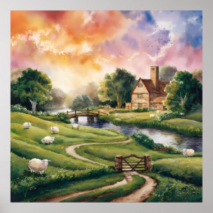 Poster Anglais Paysage aquarelle de campagne