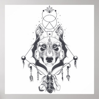 Poster Animal loup tribal en noir et blanc
