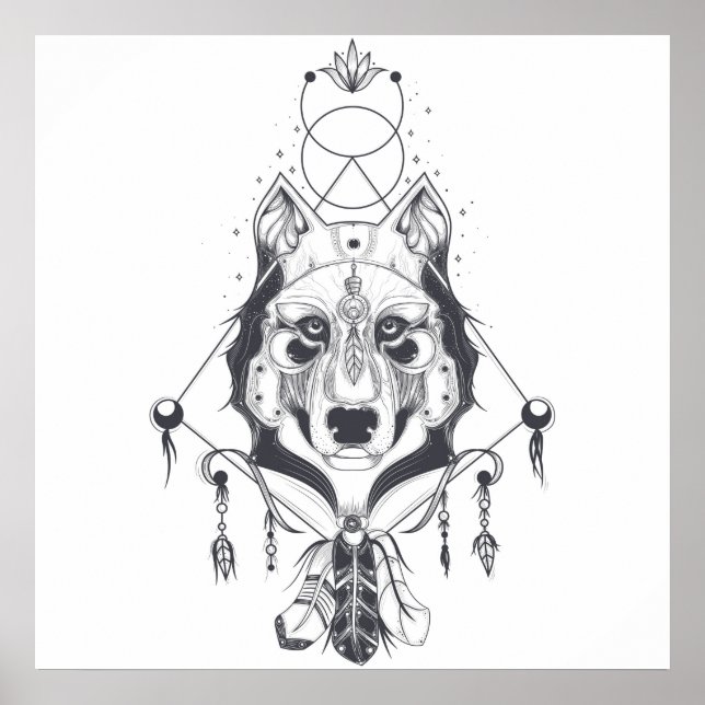 Poster Animal loup tribal en noir et blanc (Devant)