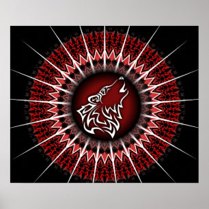 Poster Animal tribal Black Red Wolf