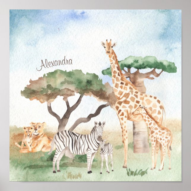 Poster Animaux africains maman et bébé à l'aquarelle (Devant)