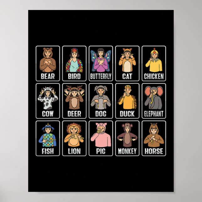 Poster Animaux ASL Gesture à la main Animaux Sourds Perte (Devant)