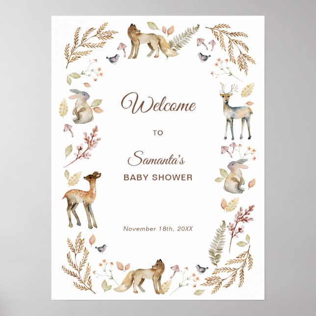 Poster Animaux Baby shower boisé Bienvenue (Devant)