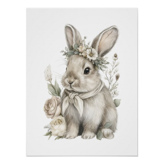 Poster Animaux Bébés Mignons à l'Aquarelle avec des Fleur (Devant)