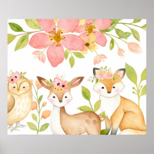 Poster Animaux boisés sauvages roses Botaniques