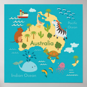 Poster Animaux Carte du monde Australie pour les enfants