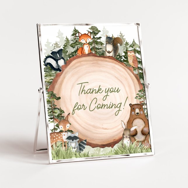 Poster Animaux de bois Merci à tranche de bois pour venir (Boy Woodland Animals Baby Shower Thank you for Coming Sign)
