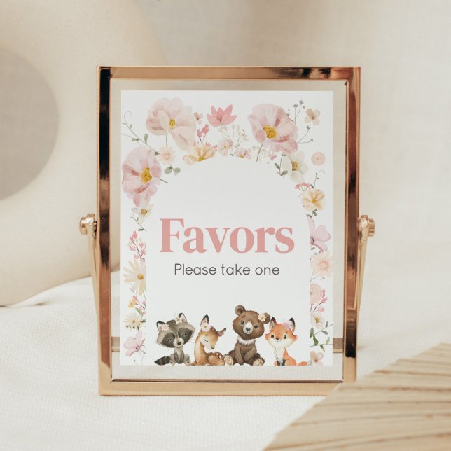 Poster Animaux de bois rose Floral Baby shower Faveurs (Pink Flower Woodland Animals Baby Shower Favors Sign)