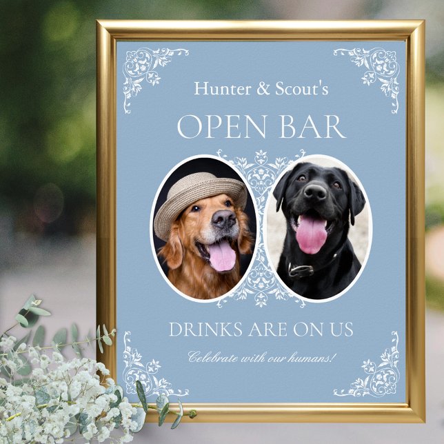 Poster Animaux de compagnie Blue Coastal Chic Mariage Ope (dusty blue elegant wedding open bar sign for pet lovers with 2 dog cat photos and celebrate humans)