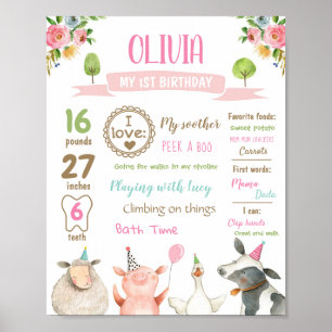 Poster Animaux de ferme Grange Premier anniversaire Fille