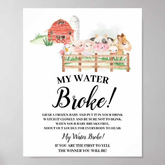 Poster Animaux de ferme Mon eau Broke panneau Baby shower (Devant)