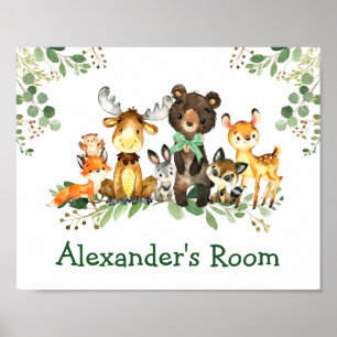 Poster Animaux de forêt de bois à l'aquarelle Arc vert