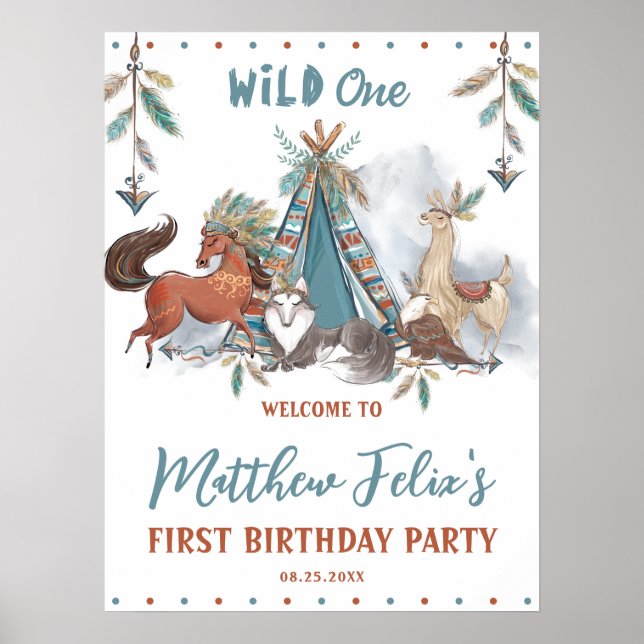 Poster Animaux de forêt tribaux Garçon 1er anniversaire W (Devant)