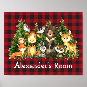 Poster Animaux de la forêt à l'aquarelle Plaid Arbres For