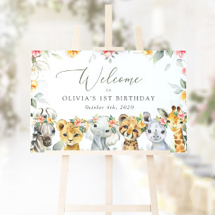 Poster Animaux de la Jungle, Fleurs, Accueil pour le prem