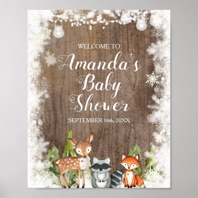 Poster Animaux d'hiver Baby shower de flocons de neige en (Devant)