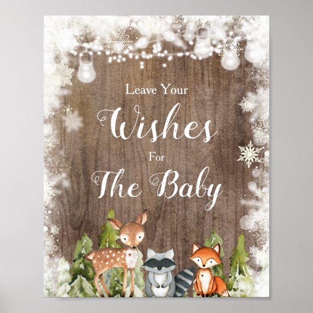 Poster Animaux d'hiver Bois rustique Voeux pour bébé (Devant)