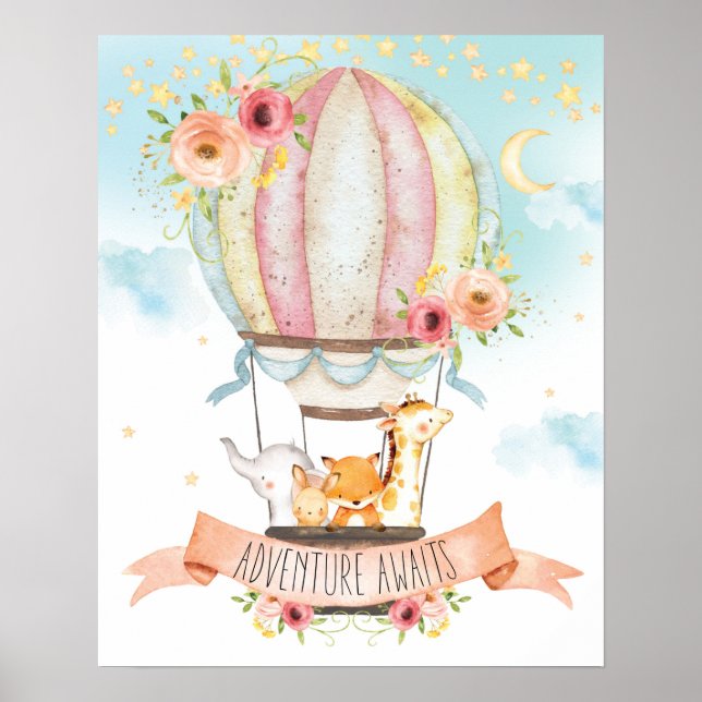 Poster Animaux en montgolfière florale Aventure attend (Devant)