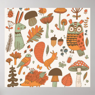 Poster Animaux forestiers : Arrière - plan coloré d'autom