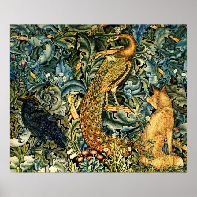 Poster ANIMAUX FORESTIERS, RAVEN, FOX, PEACOCK Blue Green (Devant)