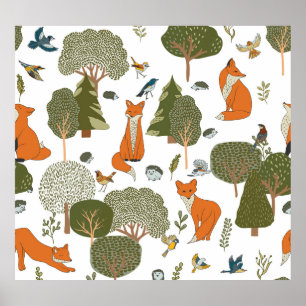 Poster Animaux forestiers : renards, oiseaux motifs