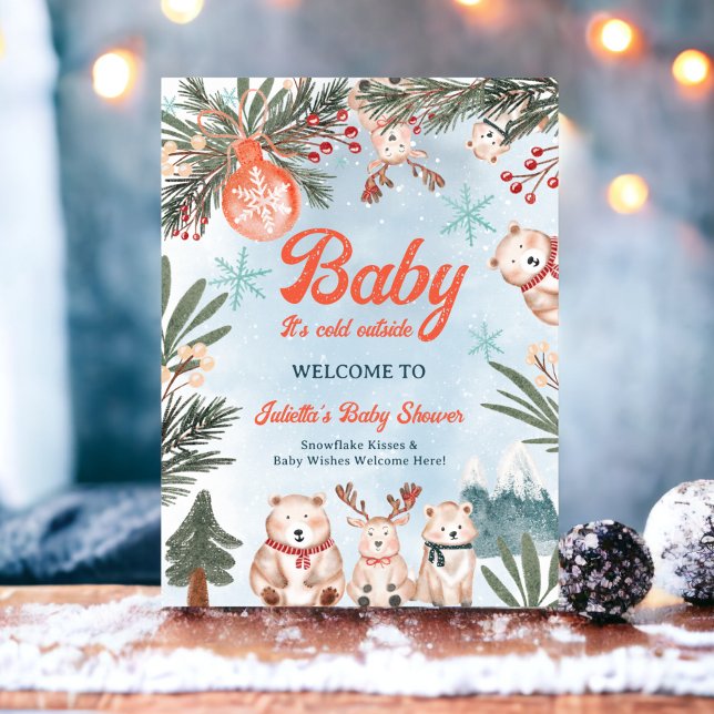 Poster Animaux mignons baby shower de Noël d'hiver (Cute Animals Winter Christmas baby shower welcome Poster)