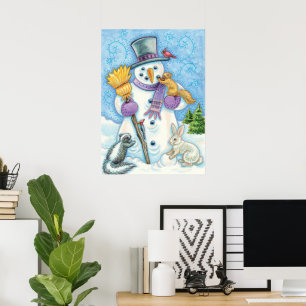 Poster Animaux mignons construisant un bonhomme de neige