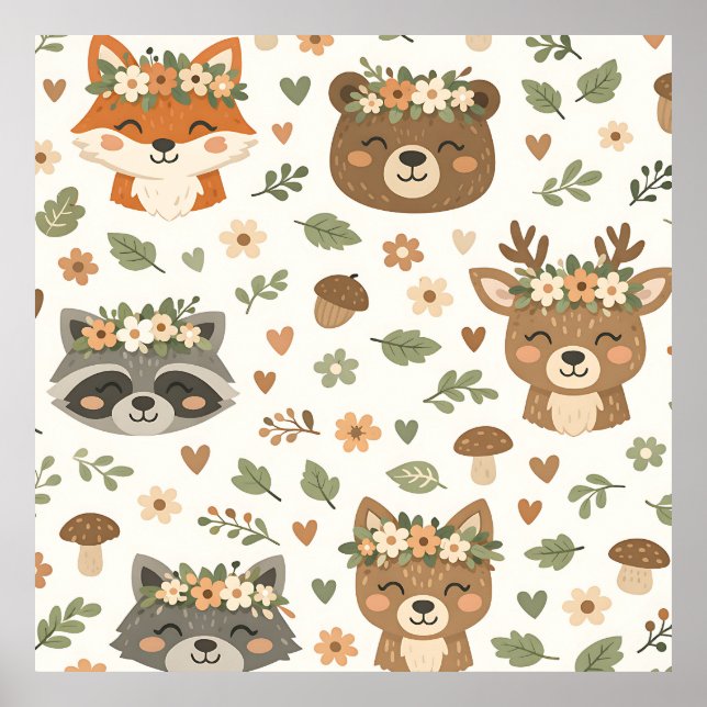 Poster Animaux mignons de la forêt Motif floral (Devant)