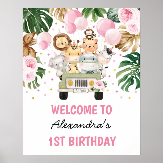 Poster Animaux sauvages de la Jungle rose Floral Annivers (Devant)