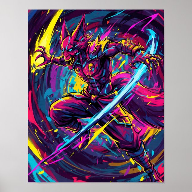 Poster Anime Abstrait : Neon Kitsune Warrior (Devant)