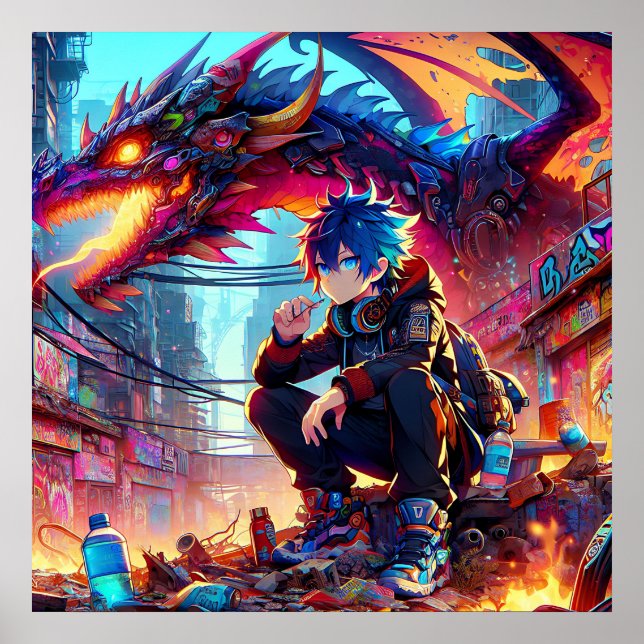Poster Anime Boy et Dragon dans un monde dystopique (Devant)