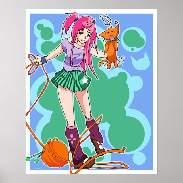 Poster Anime Chat Girl & Chat Avec Balle En Fil (Devant)