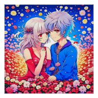 Anime Couple Love Fleurs et Coeurs