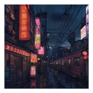 Poster Anime esthétique City Street Vue nocturne avec tra