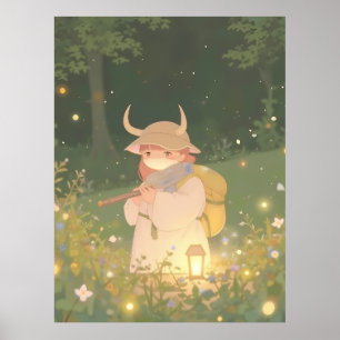 Poster Anime Ethérée fille avec des cornes dans la prairi
