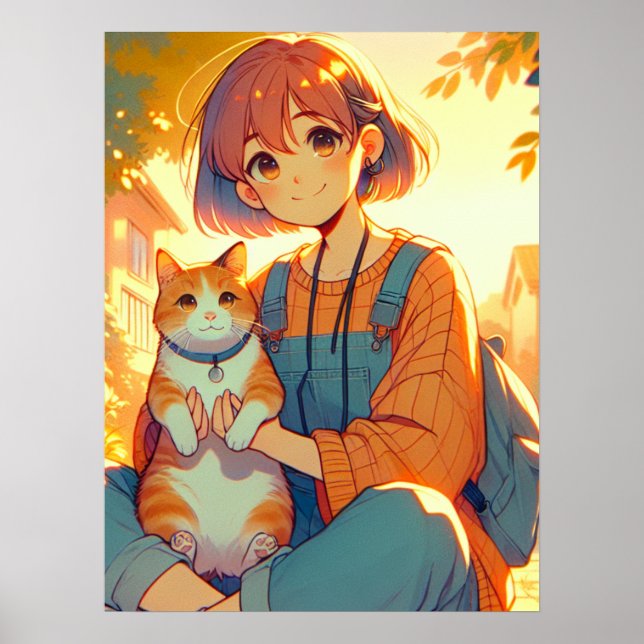 Poster Anime Girl Avec Son Chat Favori (Devant)