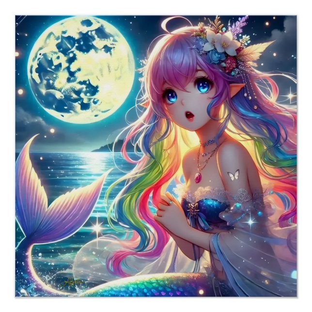 Poster Anime Girl chanter Moonlight Pixie Rainbow Mermaid (Devant)