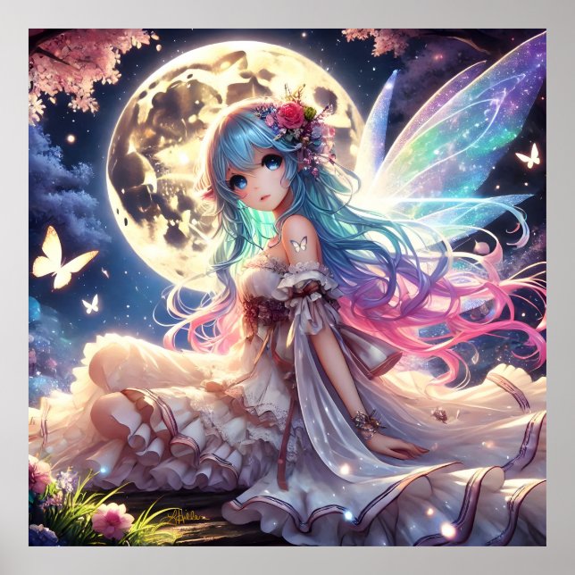 Poster Anime Girl Moon Fairy Princesse dans le jardin (Devant)