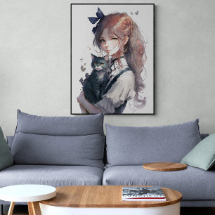 Poster Anime Girl tenant son chat Aquarelle Portrait