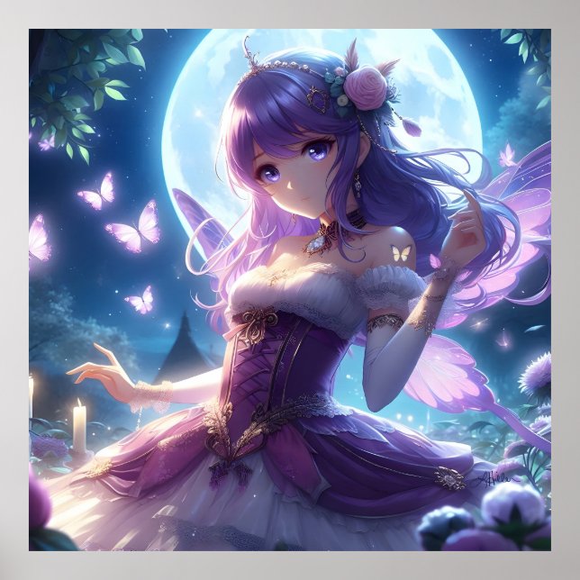 Poster Anime Girl Violet Papillon Aile Lune Fée (Devant)