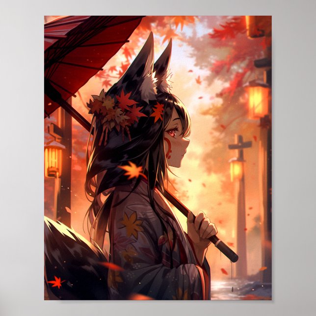 Poster Anime Kitsune Girl Cute Fox Imaginaire Art (Devant)