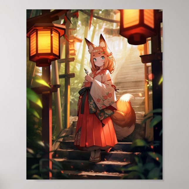 Poster Anime Kitsune Girl Cute Fox Imaginaire Art (Devant)