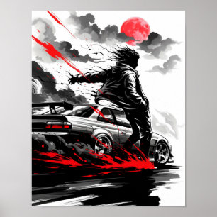 Poster Anime Racing Drift - Sumi-e Speed Art