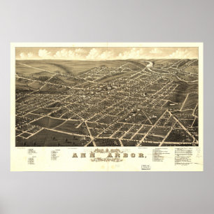 Poster Ann Arbor Michigan 1880 Antique carte panoramique